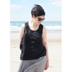 Sleeveless blouse U neck, black linen