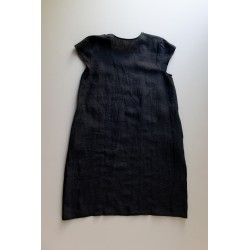 Flared dress, short sleeves, U neck, black linen