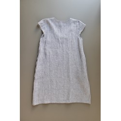 Flared dress, short sleeves, V neck, light stripes linen