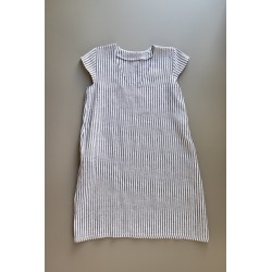 Flared dress, short sleeves, V neck, light stripes linen