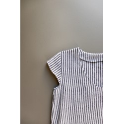 Flared dress, short sleeves, V neck, light stripes linen