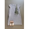 Flared dress, short sleeves, V neck, light stripes linen