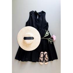 Pleated bow dress, black openwork cotton