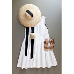 Pleated bow dress, white openwork cotton