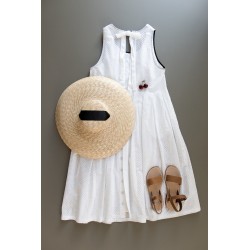 Long pleated bow dress, white openwork cotton