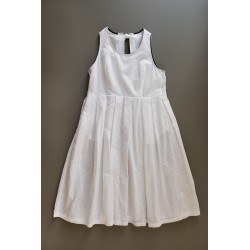 Long pleated bow dress, white openwork cotton