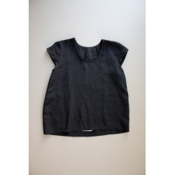 Short sleeves blouse U neck, black linen