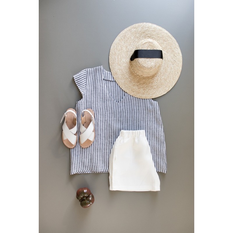 Short sleeves blouse, V neck, light stripes linen