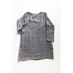 Flared dress, long sleeves, squared neck, grey linen