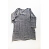 Flared dress, long sleeves, squared neck, grey linen