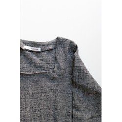 Flared dress, long sleeves, squared neck, grey linen