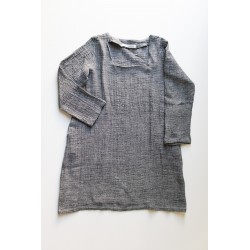 Flared dress, long sleeves, squared neck, grey linen