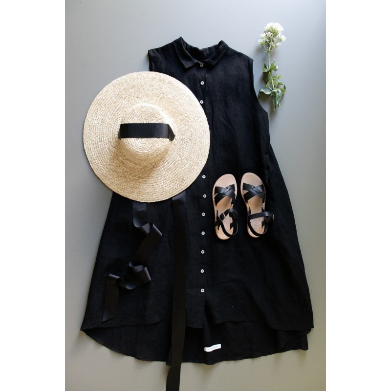 Sleeveless pleated shirt-dress, black linen