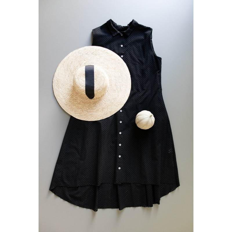 Sleeveless pleated shirt-dress, black openwork cotton