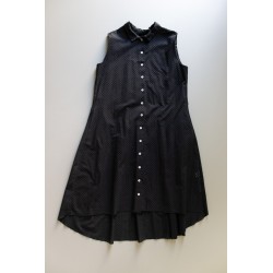 Sleeveless pleated shirt-dress, black openwork cotton