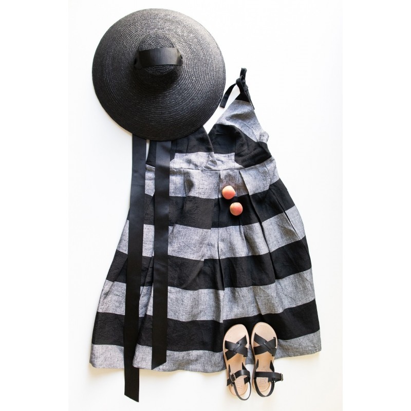 Strap dress, black stripes linen