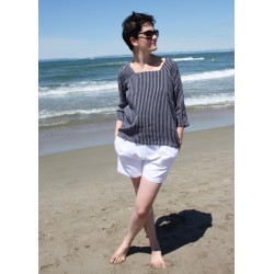 3/4 sleeves blouse squared neck, dark stripes linen