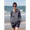 3/4 sleeves blouse squared neck, dark stripes linen