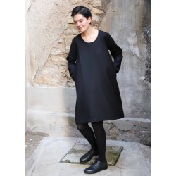 Flared dress, long sleeves, U neck, black flannel