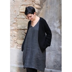 Robe évasée manches longues, col V, lin épais gris