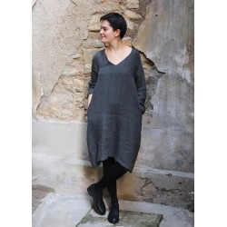 Flared dress, long sleeves, V neck, grey heavy linen