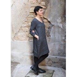 Flared dress, long sleeves, V neck, grey heavy linen