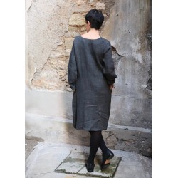 Flared dress, long sleeves, V neck, grey heavy linen