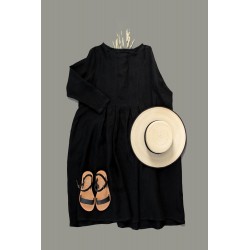 Long sleeves pleated dress, black linen