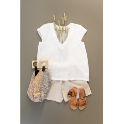 Short sleeves blouse, V neck, white linen