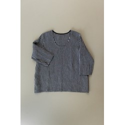 3/4 sleeves blouse U neck, dark stripes linen