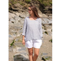 Blouse manches longues col carré, lin rayures claires