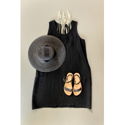 Flared dress, sleeveless, U neck, black linen