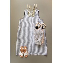 Flared dress, sleeveless, squared neck, light stripes linen