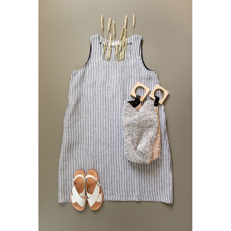 Flared dress, sleeveless, squared neck, light stripes linen