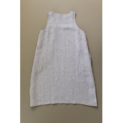 Flared dress, sleeveless, squared neck, light stripes linen