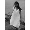 Flared dress, short sleeves, V neck, white linen