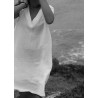 Flared dress, short sleeves, V neck, white linen