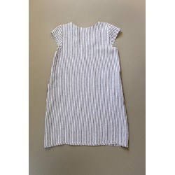 Flared dress, short sleeves, squared neck, light stripes linen