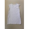 Flared dress, short sleeves, squared neck, light stripes linen