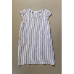 Flared dress, short sleeves, squared neck, light stripes linen