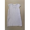 Flared dress, short sleeves, squared neck, light stripes linen