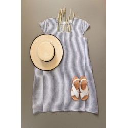 Flared dress, short sleeves, squared neck, light stripes linen