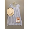 Flared dress, short sleeves, squared neck, light stripes linen