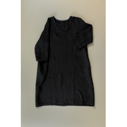 Flared dress, 3/4 sleeves, U neck, black linen