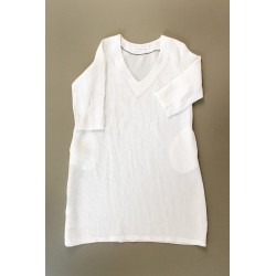 Flared dress, 3/4 sleeves, V neck, white linen