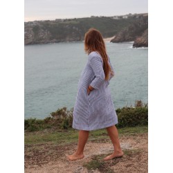 Flared dress, 3/4 sleeves, squared neck, light stripes linen