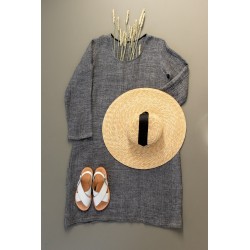 Flared dress, long sleeves, U neck, grey linen