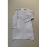 Flared dress, long sleeves, squared neck, light stripes linen