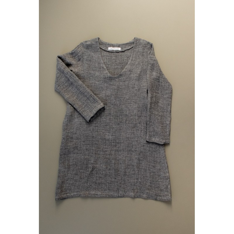 Flared dress, long sleeves, V neck, grey linen