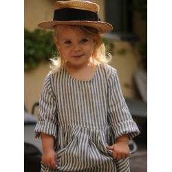 Pleated dress, long sleeves, light stripes linen